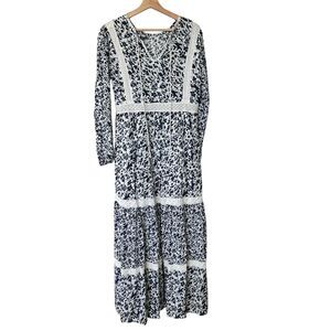 Attic Salt L Floral Print Tiered Dress White Navy Blossom Maxi Dress